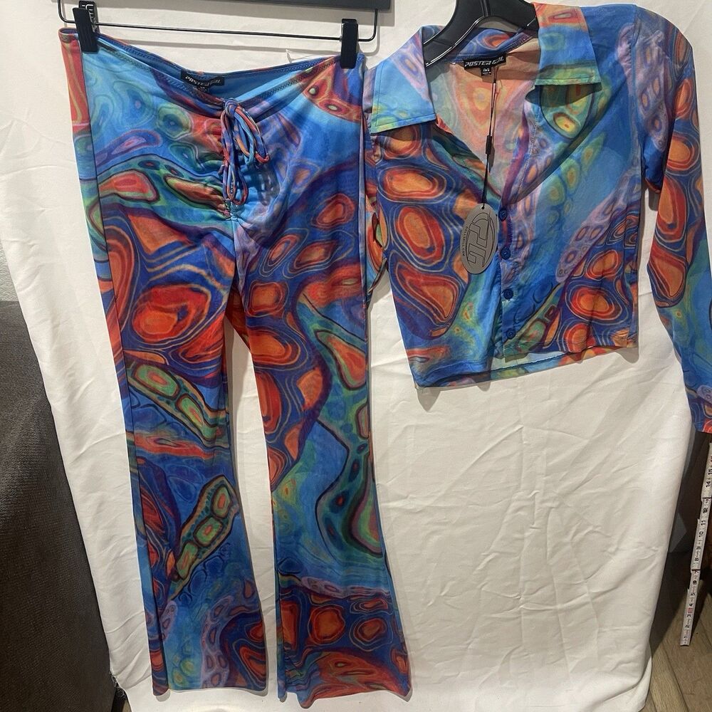 Dolls Kill Poster Girl Hypnotic Habits Turquoise Flare Set SZ M
